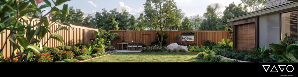 Backyard landscaping with patio and wood fence