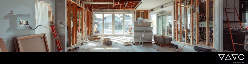 Construction site with building framework and materials