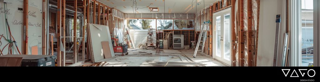 Home renovation project with unfinished interior and exposed wooden beams