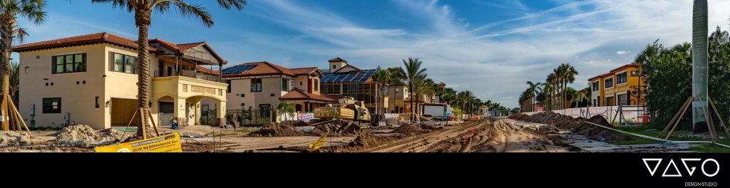 Residential street under construction with new homes